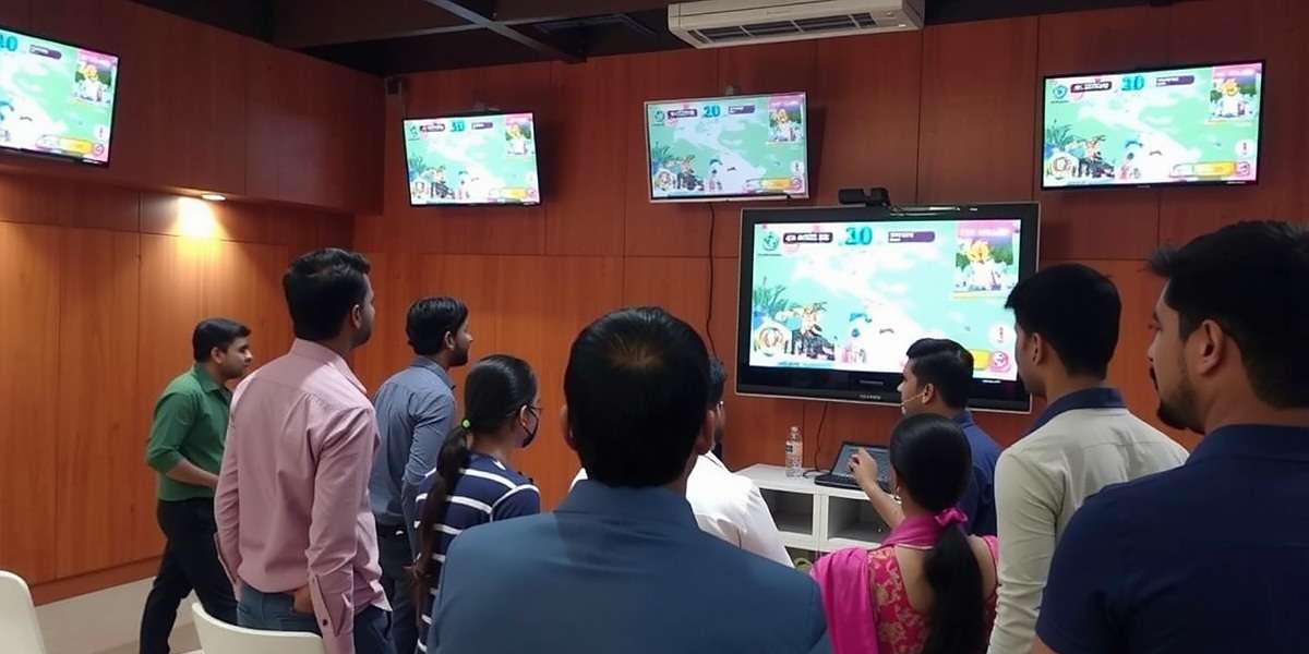 Panjim Pioneers Community Gathering Group of Indian players gathered at a Panjim Pioneers community event in Bangalore, with screens showing the game and players interacting