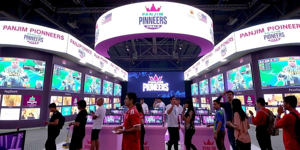 Panjim Pioneers National Championship Panjim Pioneers national tournament in Bangalore with large screens showing gameplay, regional team banners, and enthusiastic players