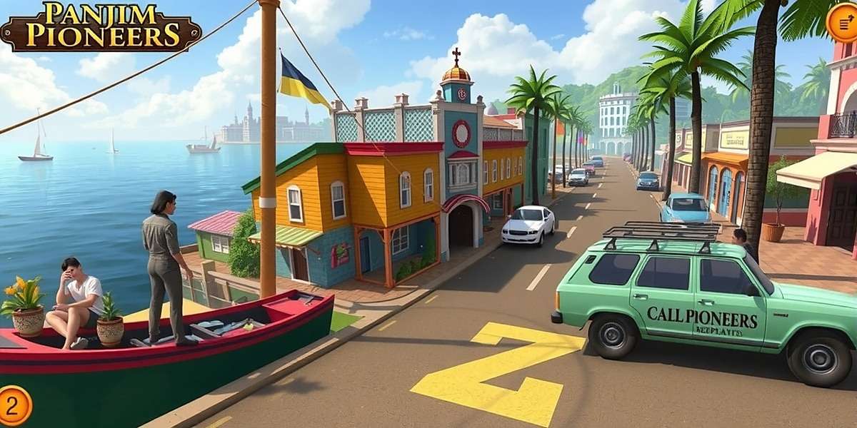 Panjim Pioneers City Building Gameplay Panjim Pioneers gameplay showing a player constructing colorful Goan-style buildings along a waterfront with characters interacting in the streets